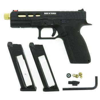 KJW KP-13 "PRO" GBB, Co² Version, mit Begadi Stainless Efficiency Ventil, CNC Alu Pistonhead, Koffer & Maintenance Kit -tactical / gold- (frei ab 18 J.) mit zweitem Magazin